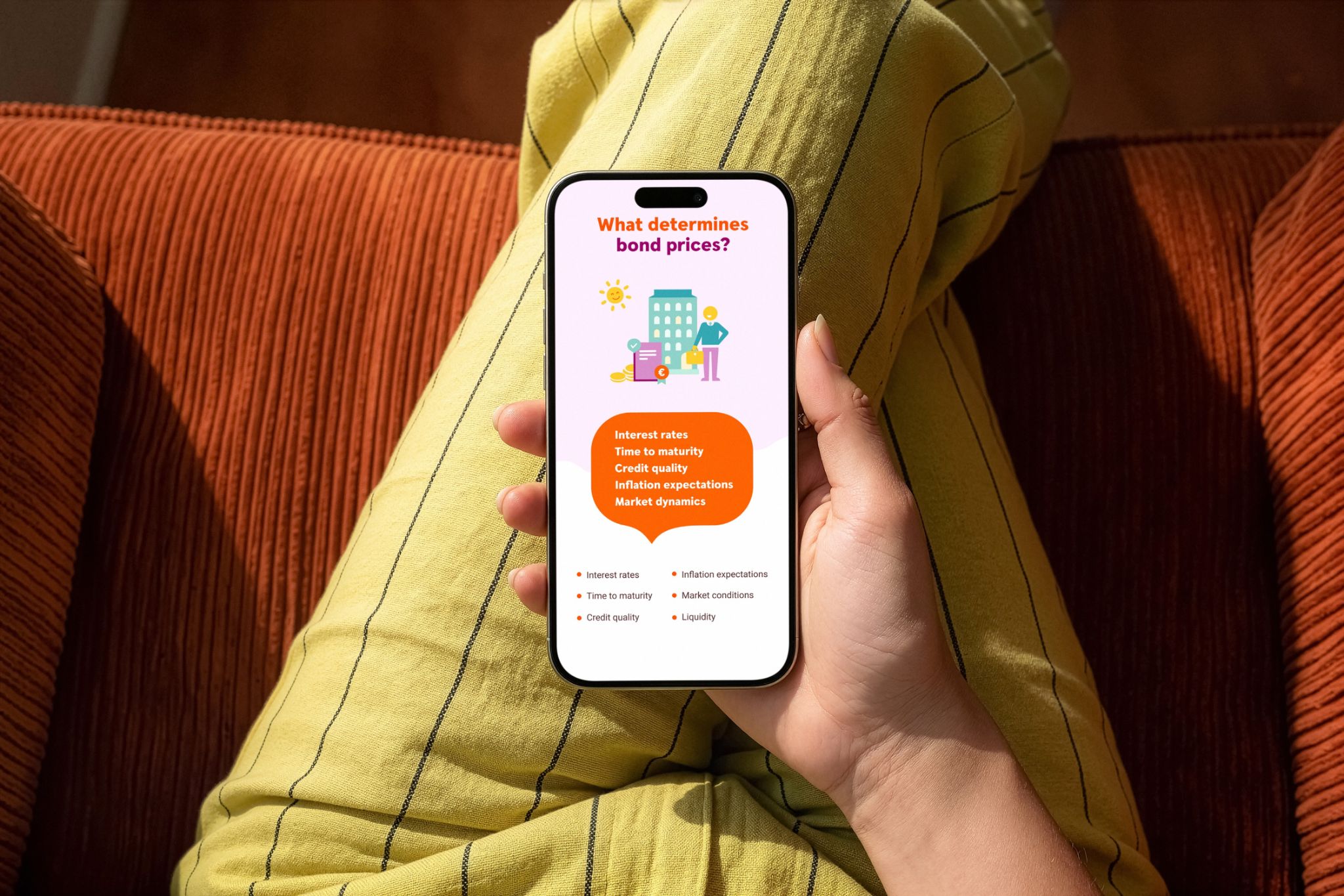 Person holding a smartphone displaying an interactive lesson about bond prices.