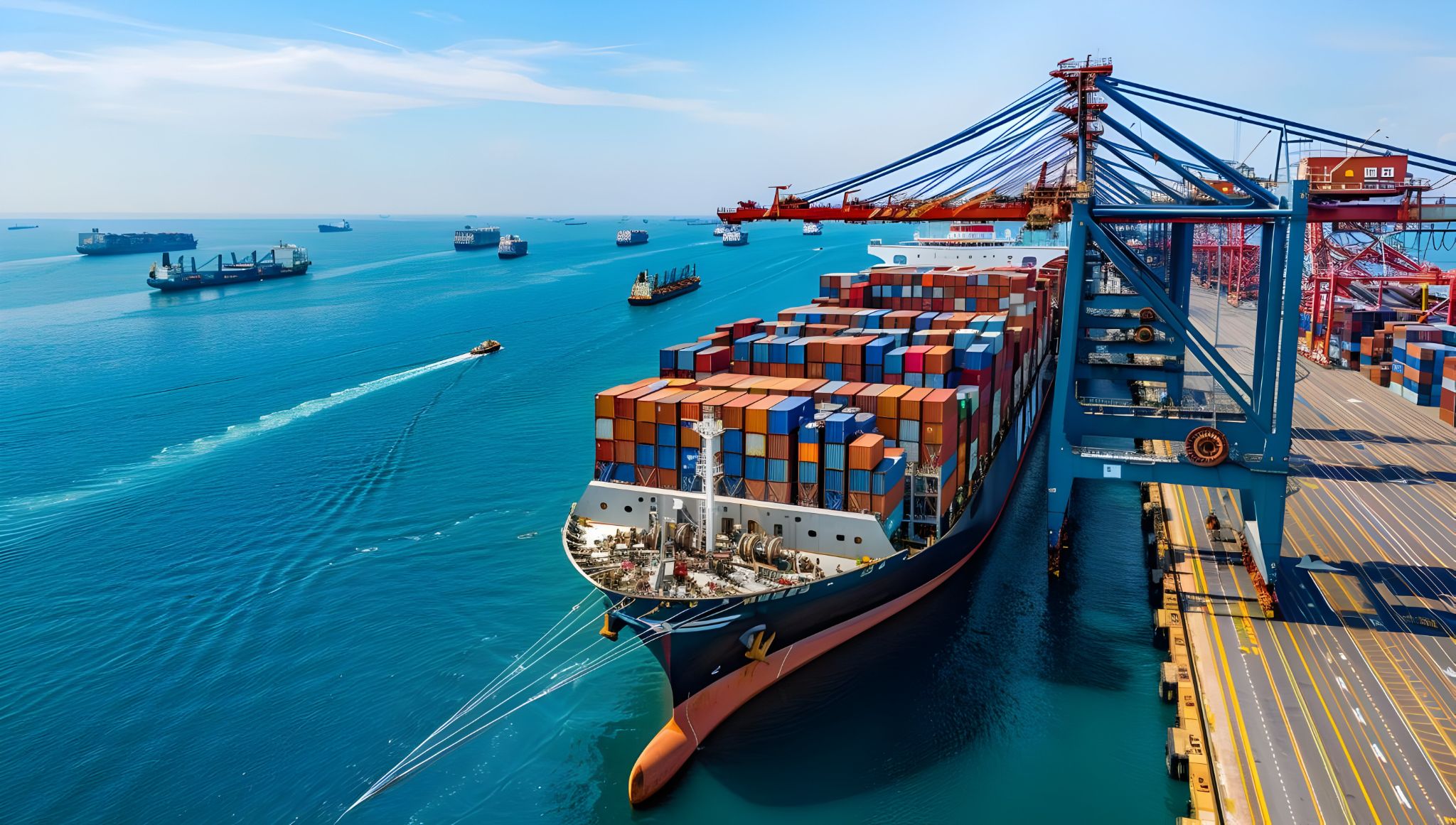 DNV: Container ship being loaded at a busy seaport.